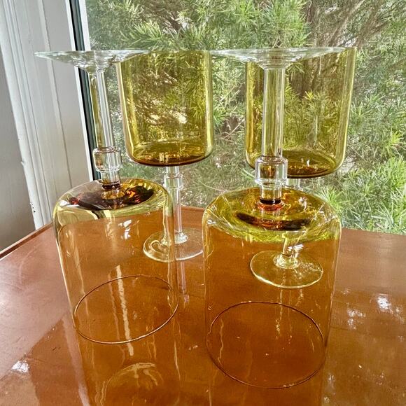 Vintage Amber Stemmed Glasses Set of 4 – Mid-Century Modern Cylindrical Goblets - Picture 7 of 16